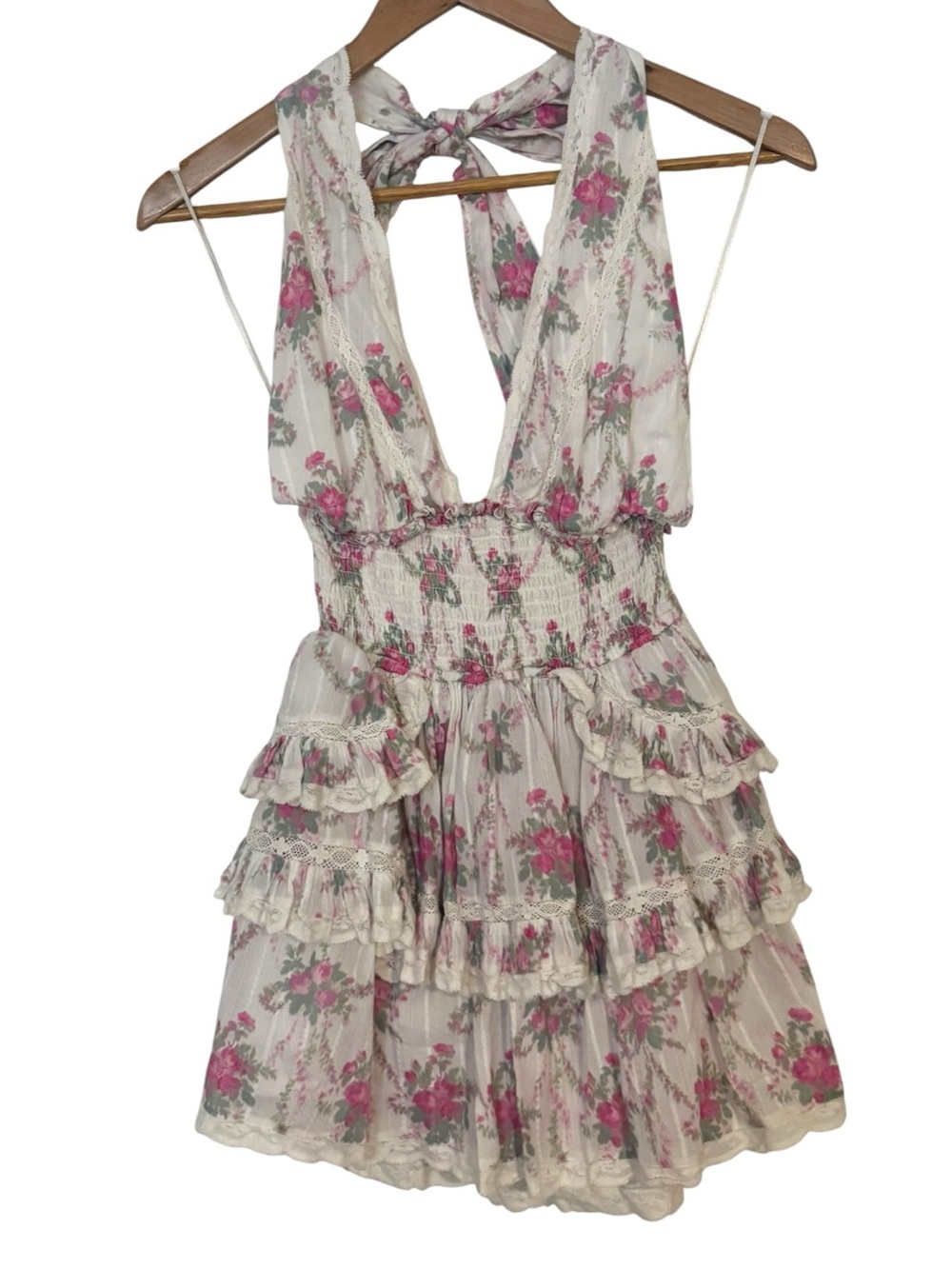 LoveShackFancy Deanna Smocked Waist Halter Cotton Mini Sundress - Picture 2 of 4
